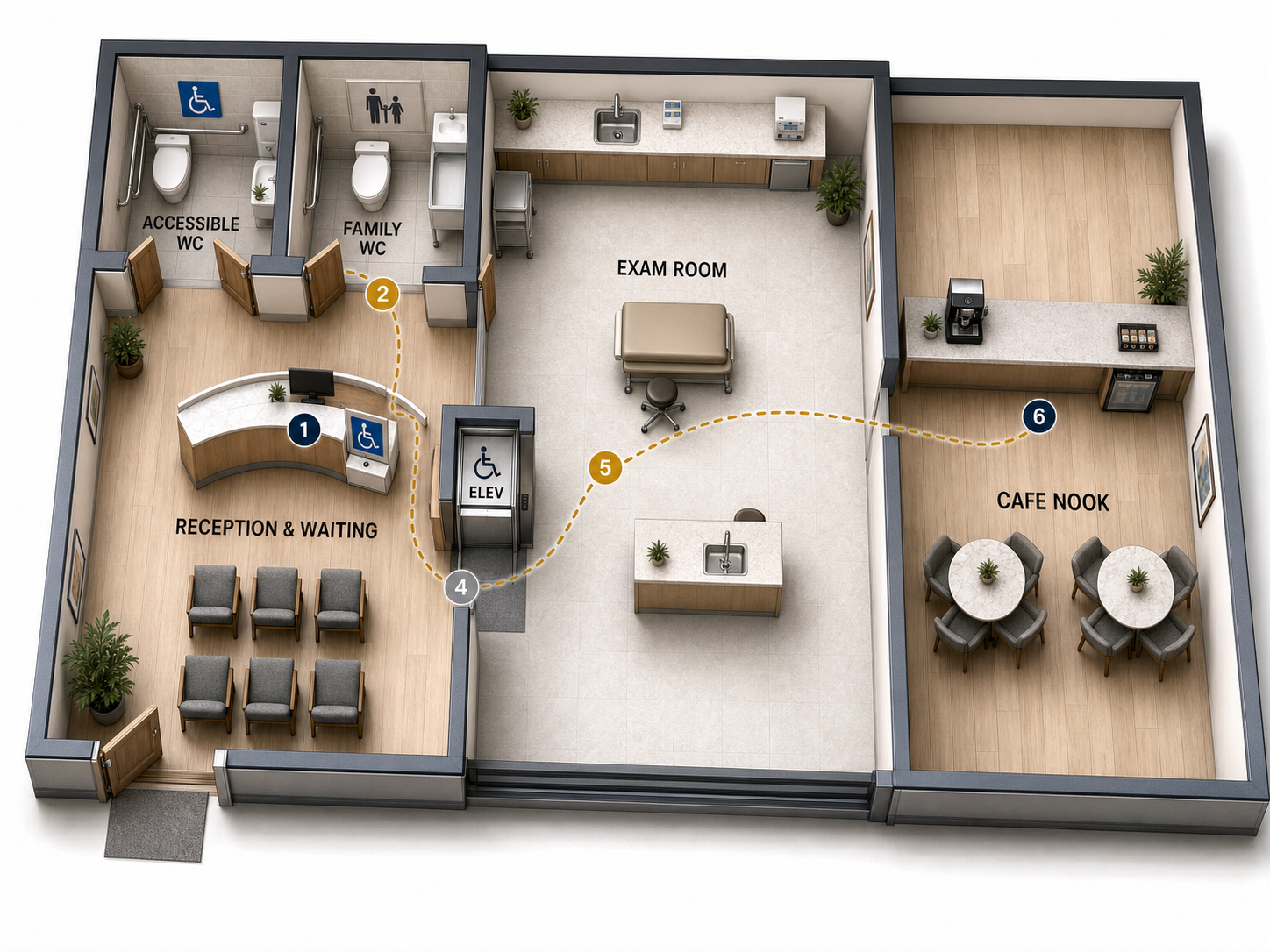 Realistic isometric floor plan showing an accessible reception counter, accessible and family washrooms, a wheelchair-accessible elevator, examination room, and cafe nook