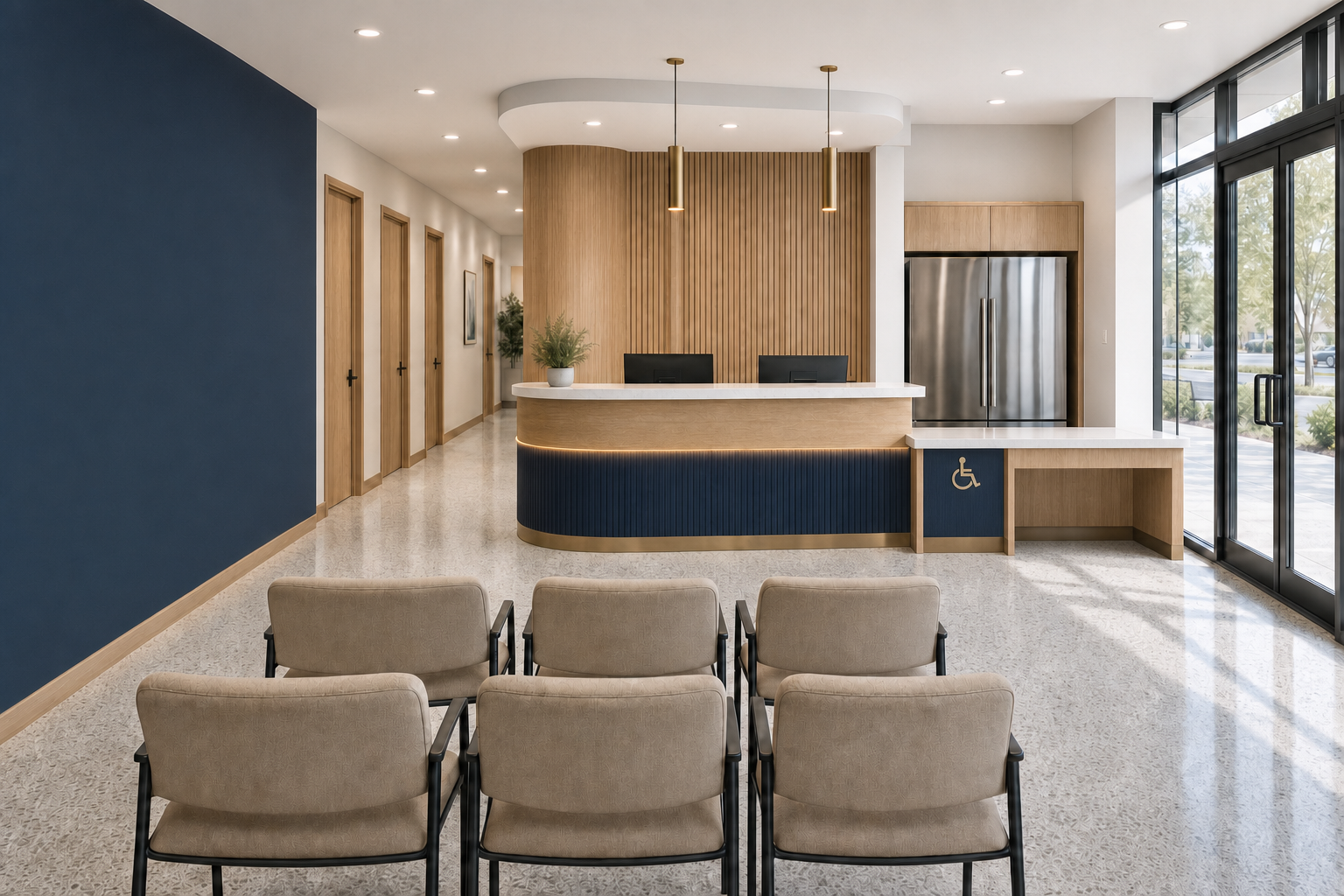 Rendered view of the reception and waiting area